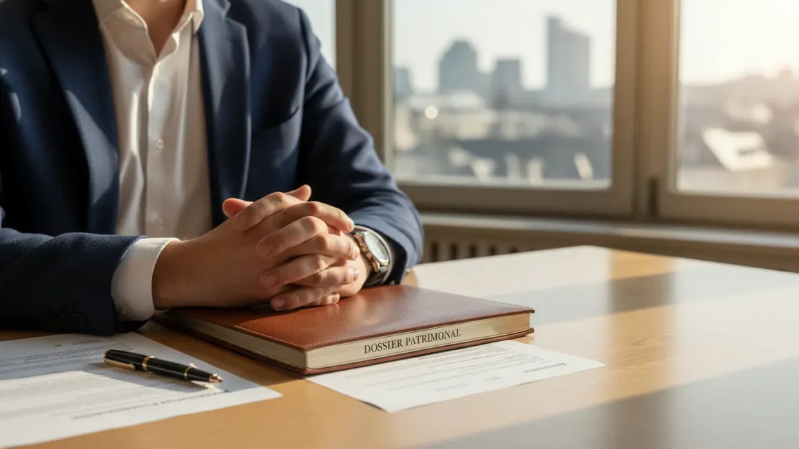 Dirigeant d'entreprise consultant un dossier patrimonial dans son bureau face au skyline de Luxembourg