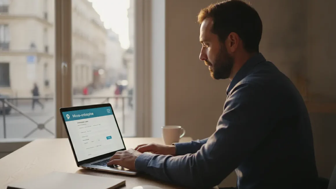 Entrepreneur assis à son bureau moderne créant sa micro entreprise en ligne sur ordinateur portable, lumière naturelle dorée