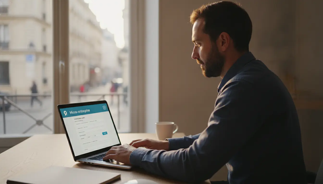 Entrepreneur assis à son bureau moderne créant sa micro entreprise en ligne sur ordinateur portable, lumière naturelle dorée