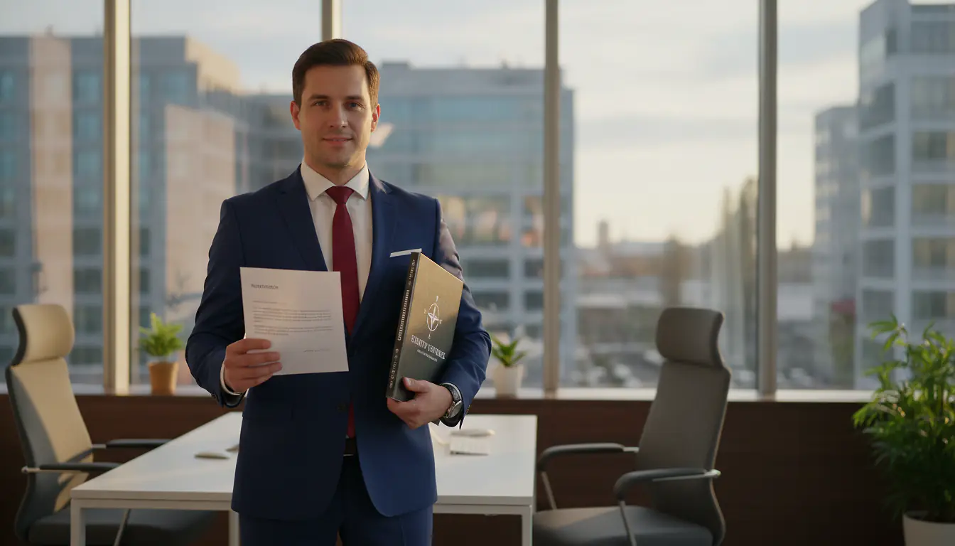 Entrepreneur en costume tenant une lettre de démission et un business plan dans un bureau professionnel lumineux