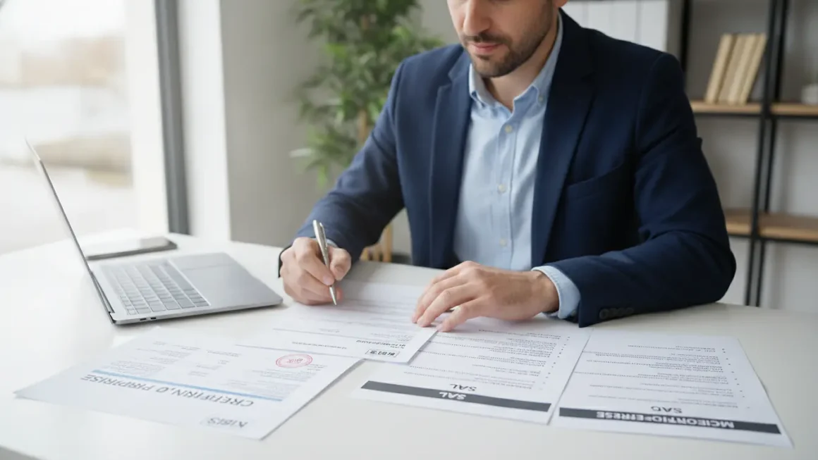 Entrepreneur au bureau avec des documents de création d'entreprise et fiches comparatives des statuts juridiques, photographie réaliste