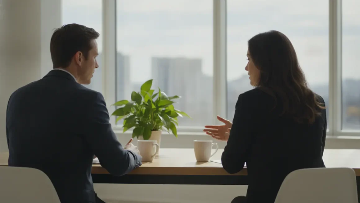 Deux dirigeants échangent autour d'une table dans un bureau lumineux