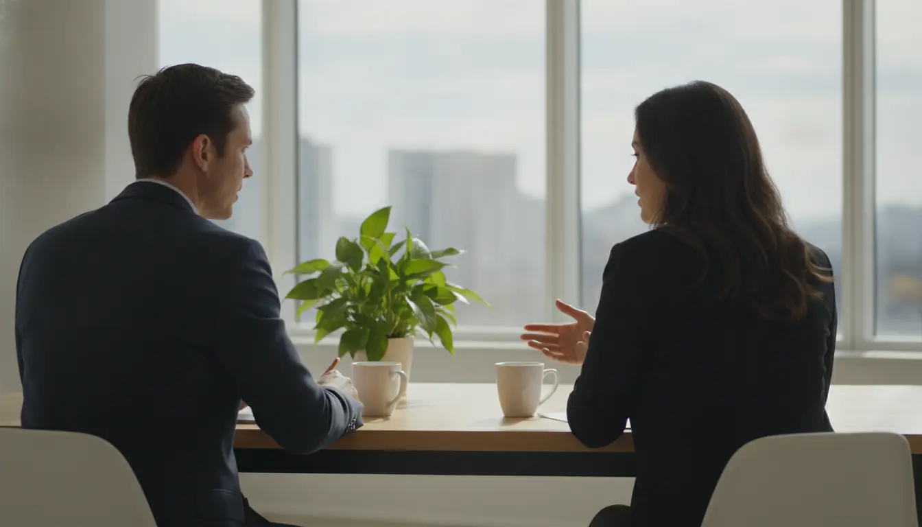 Deux dirigeants échangent autour d'une table dans un bureau lumineux