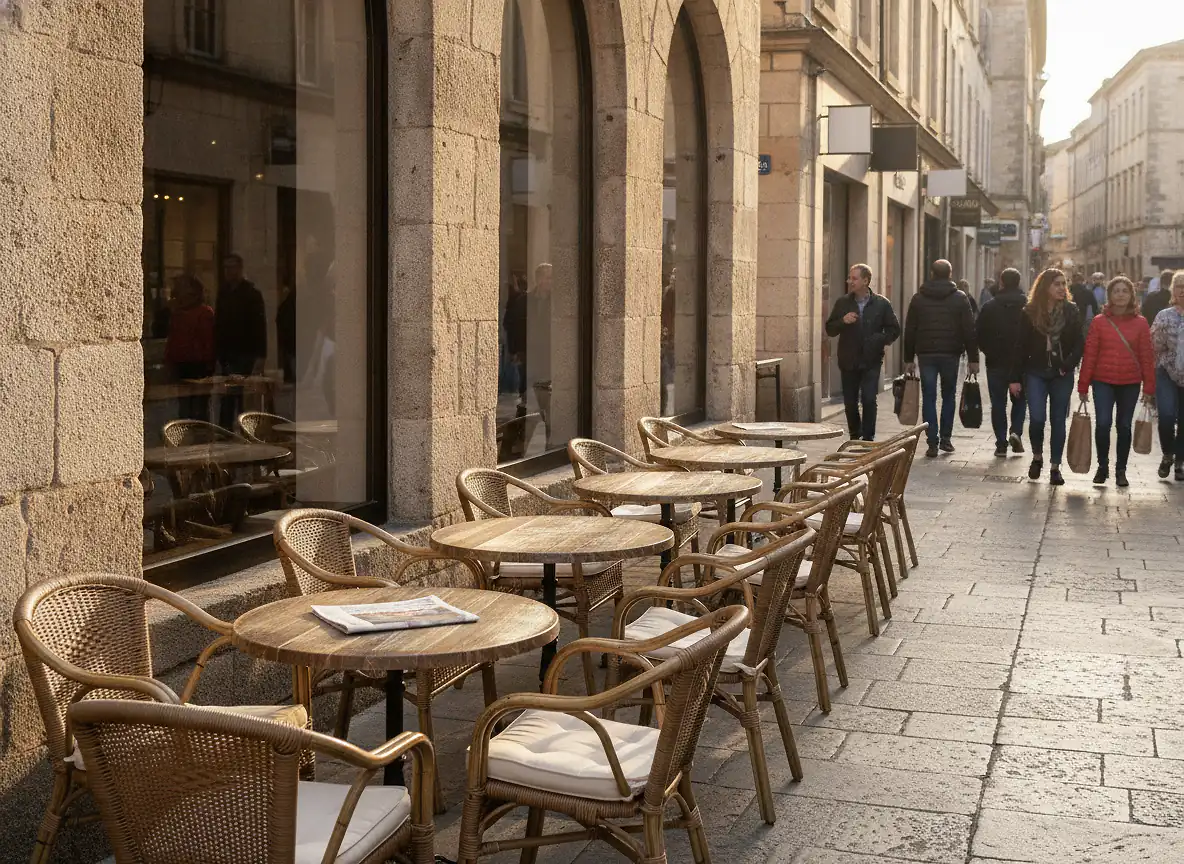 Terrasse de cafe en centre-ville avec tables en bois