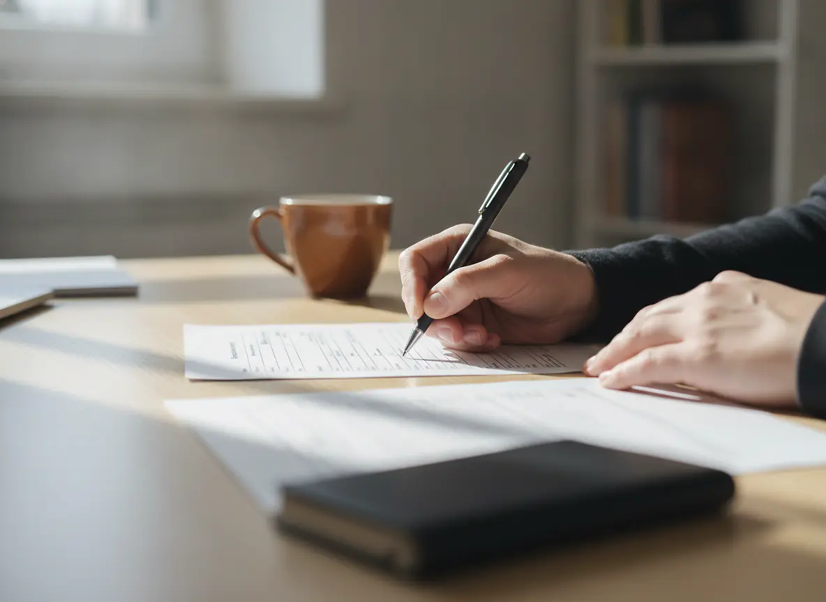 Signature d'un formulaire administratif sur un bureau