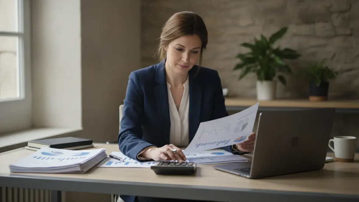 Entrepreneur consultant un bilan comptable et des documents financiers sur un bureau