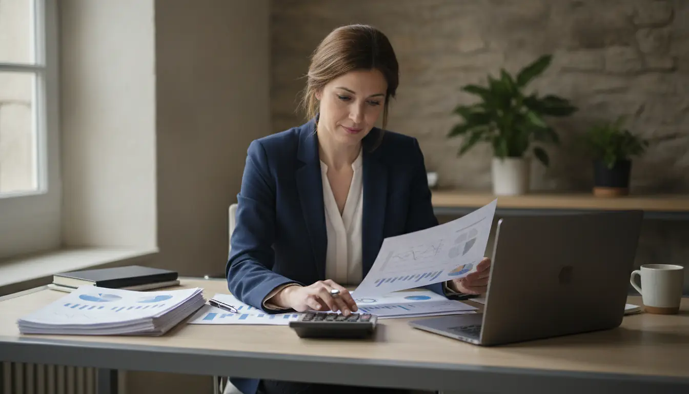 Entrepreneur consultant un bilan comptable et des documents financiers sur un bureau
