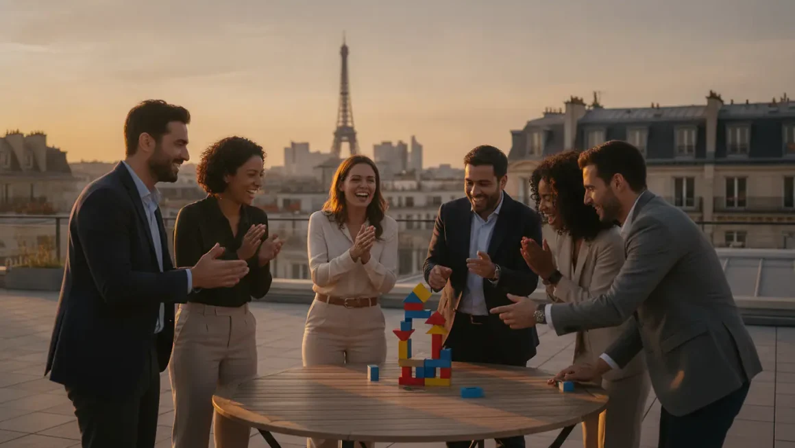Équipe en team building sur un rooftop à Paris