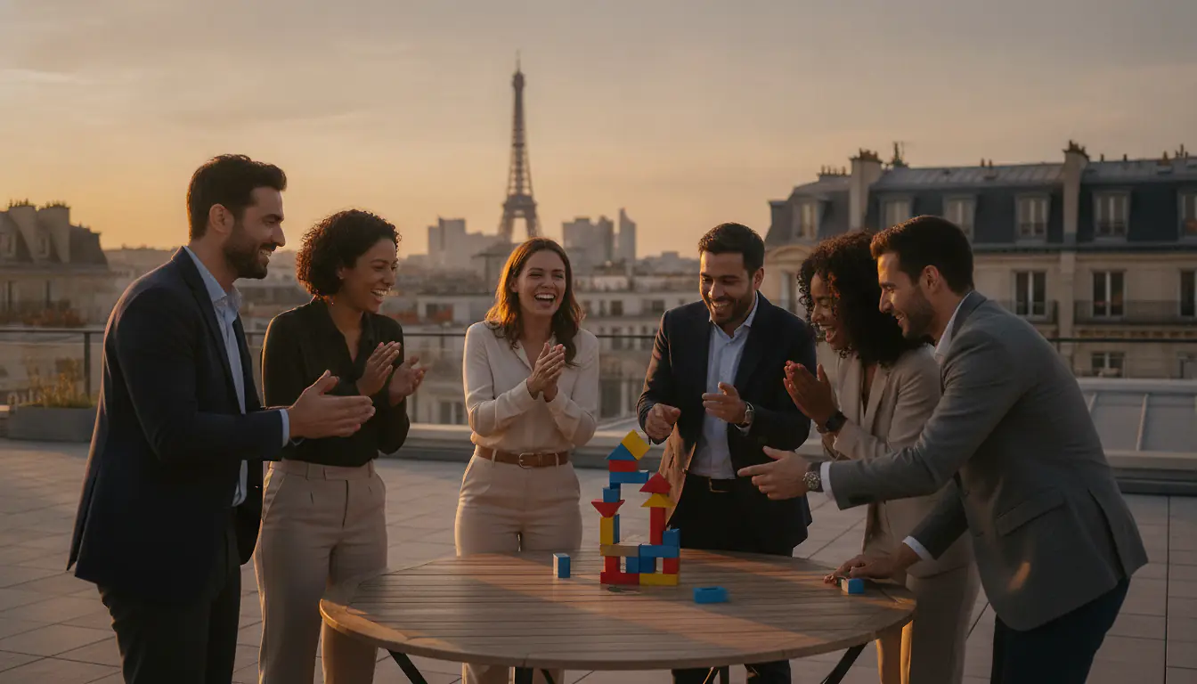 Équipe en team building sur un rooftop à Paris