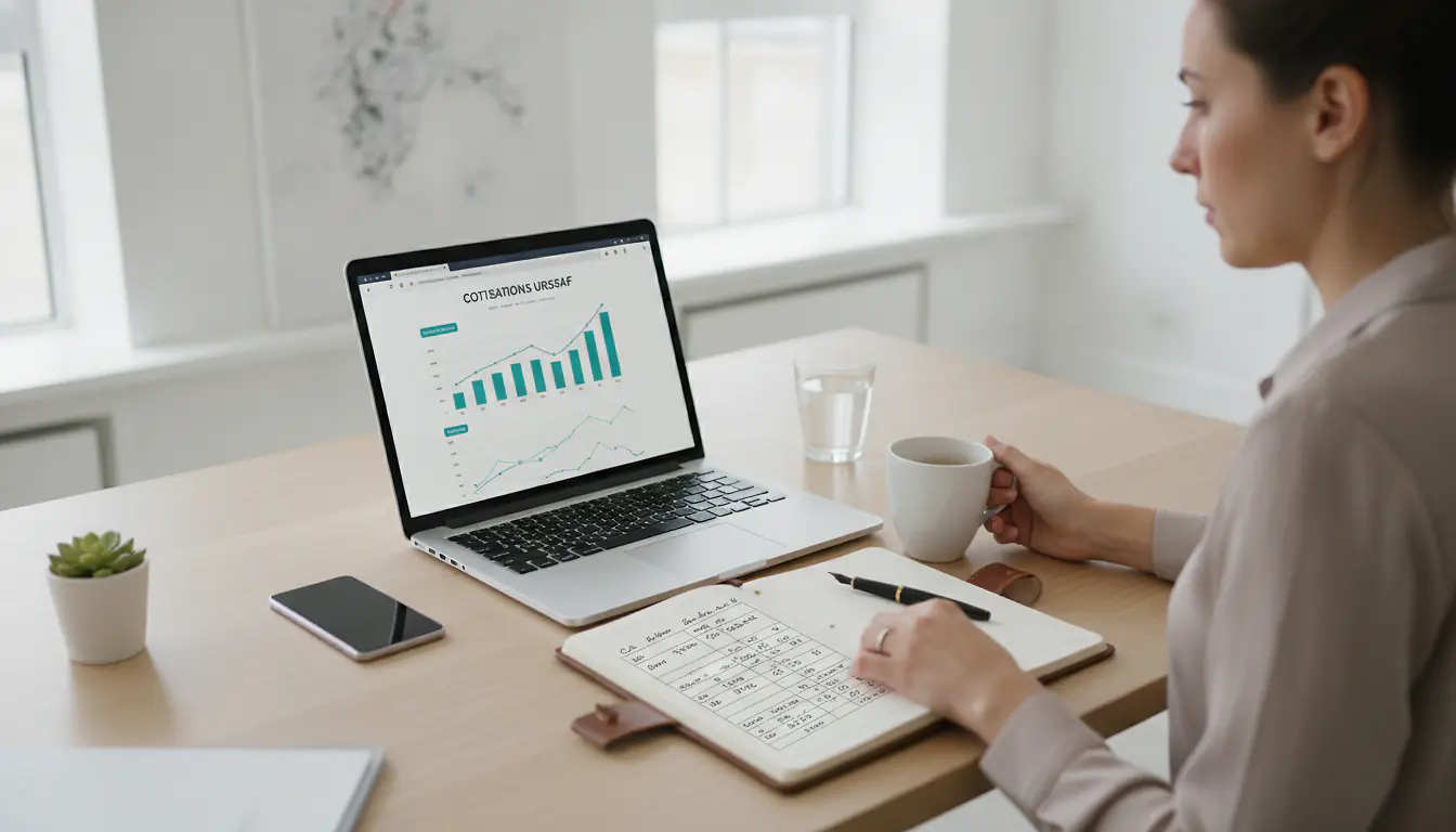 Auto-entrepreneur à son bureau calculant ses cotisations sociales sur un ordinateur portable