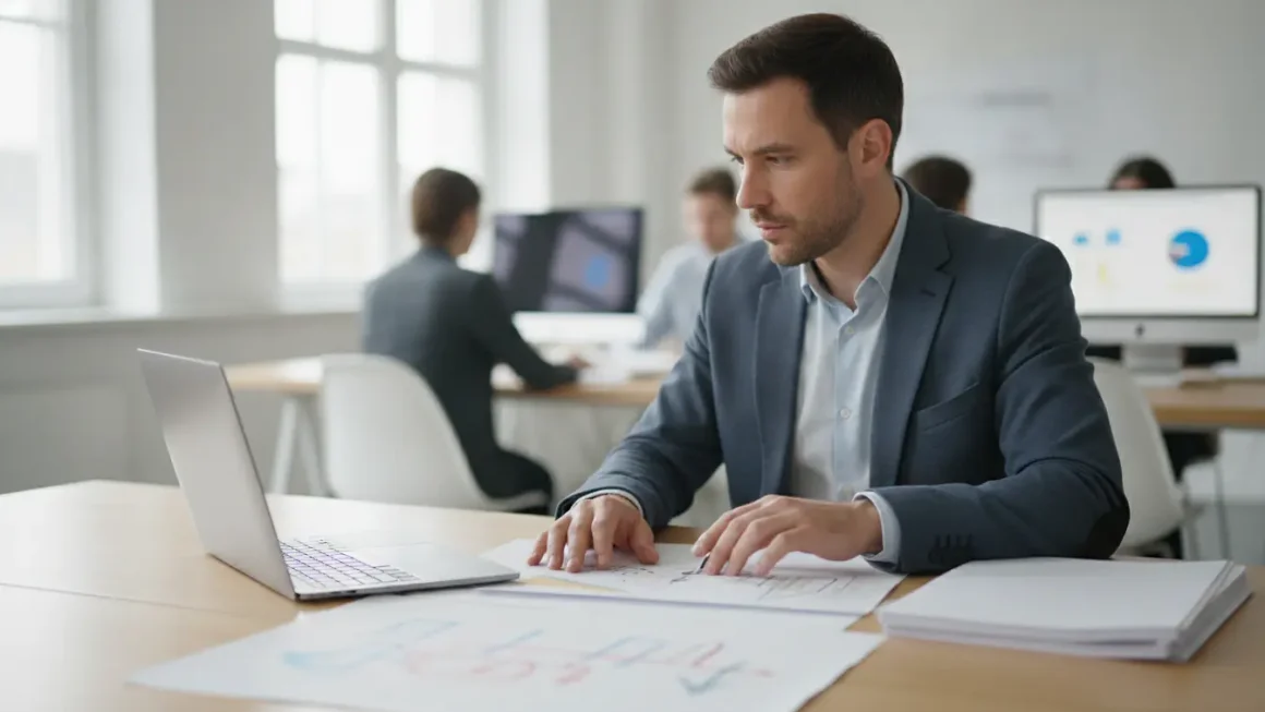 Entrepreneur analysant des graphiques de stratégie de prix sur un ordinateur portable dans un bureau lumineux