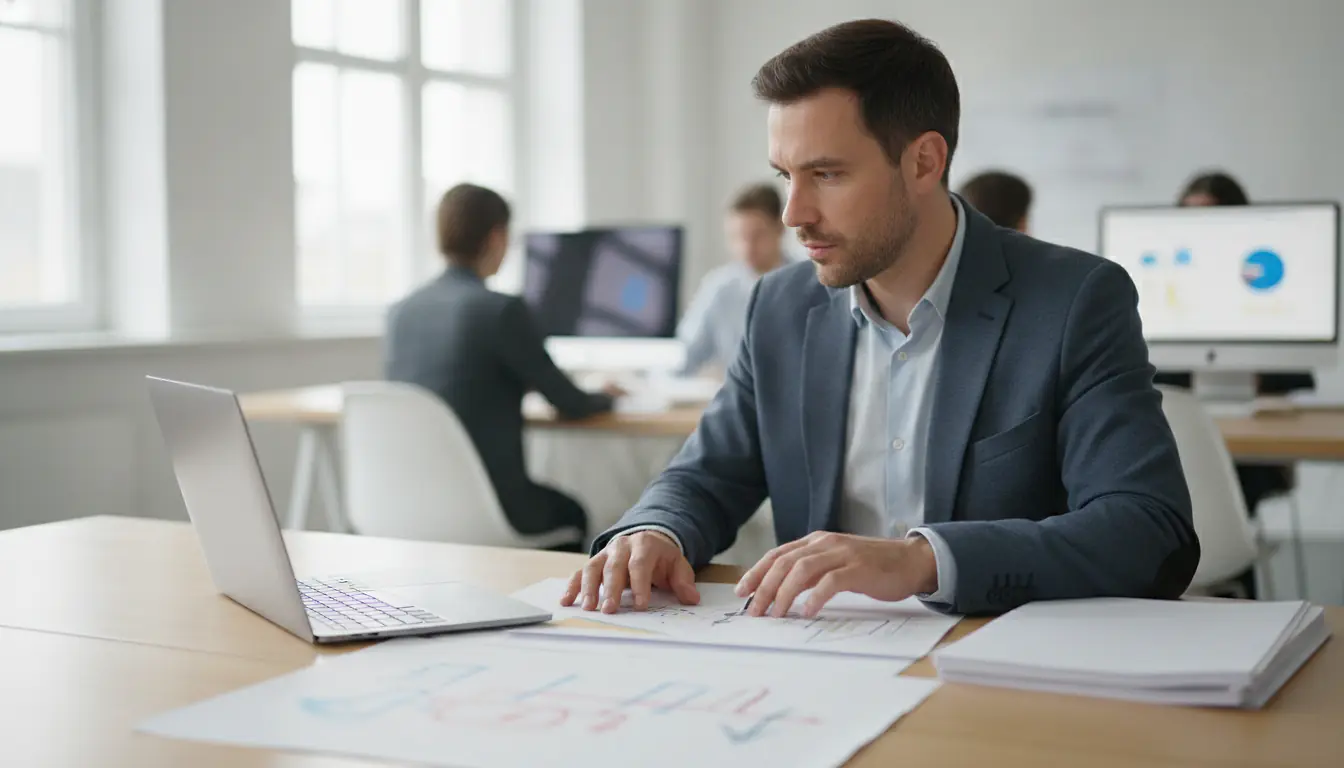 Entrepreneur analysant des graphiques de stratégie de prix sur un ordinateur portable dans un bureau lumineux