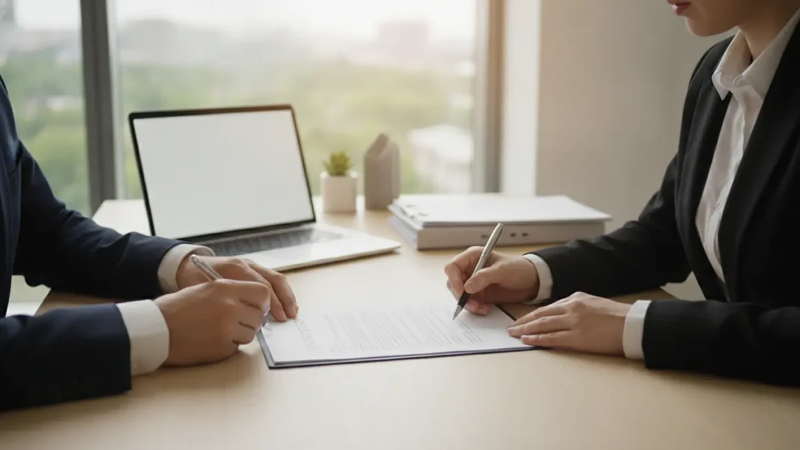 Deux professionnels signant un contrat de prestation de service sur une table en bois