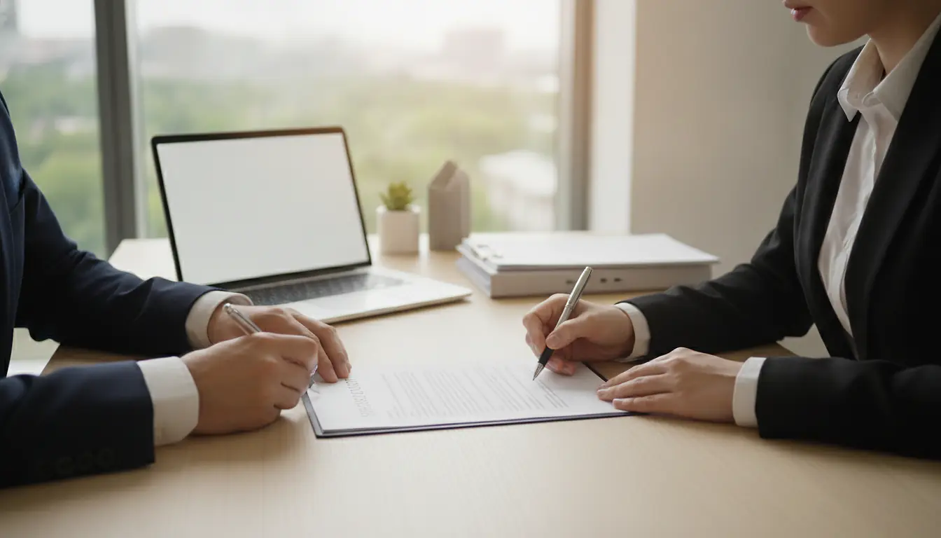 Deux professionnels signant un contrat de prestation de service sur une table en bois